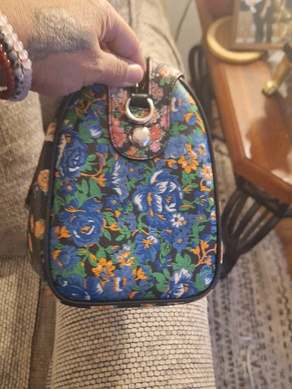 Coach Black Floral Leather Satchel with Pink and Orange Blooms
